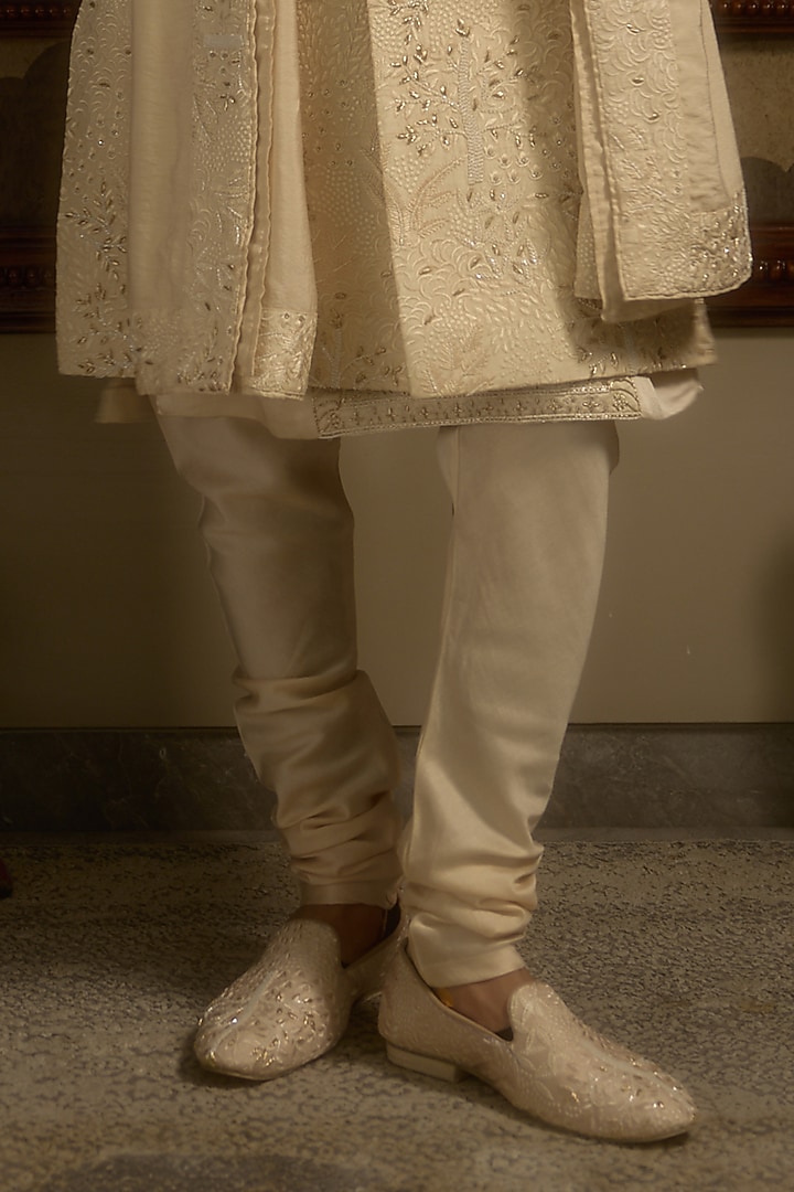 Champagne Gold Pure Silk Sequins Hand Embroidered Groom Sherwani Set by Ankit V Kapoor at Pernia's Pop Up Shop
