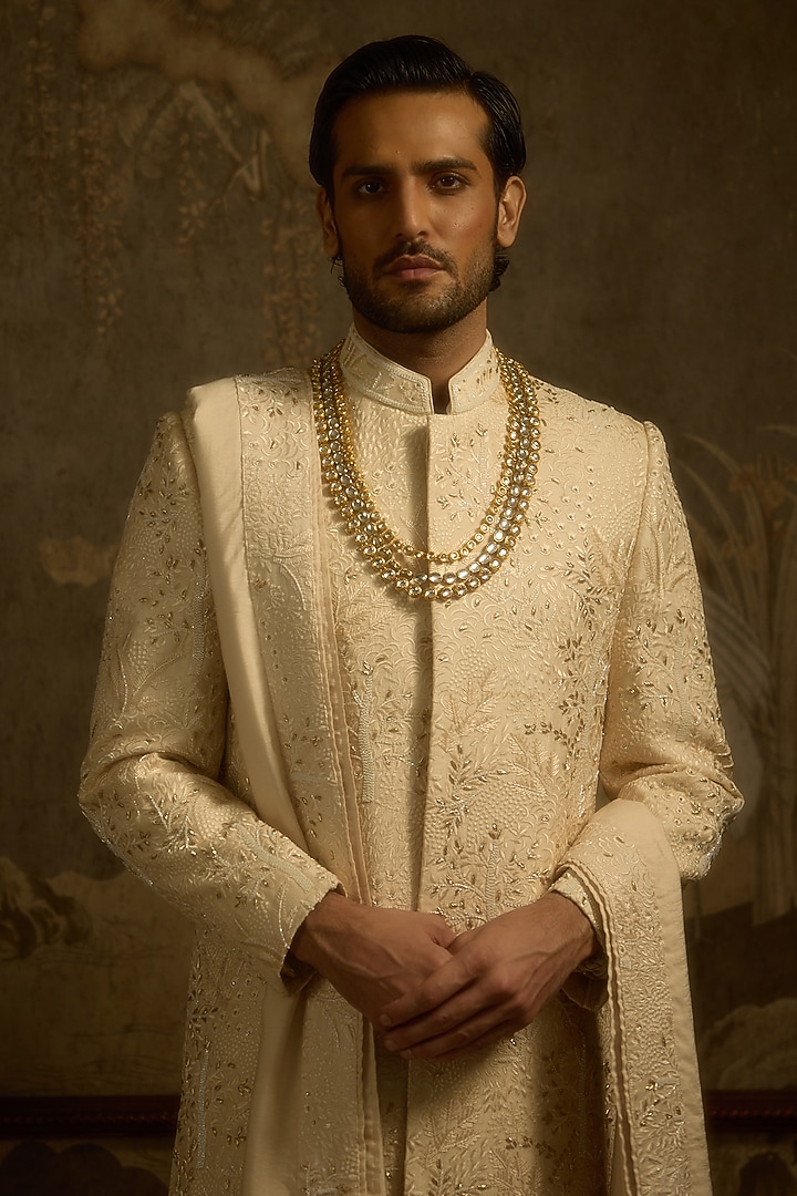 Champagne Gold Pure Silk Sequins Hand Embroidered Groom Sherwani Set by Ankit V Kapoor at Pernia's Pop Up Shop