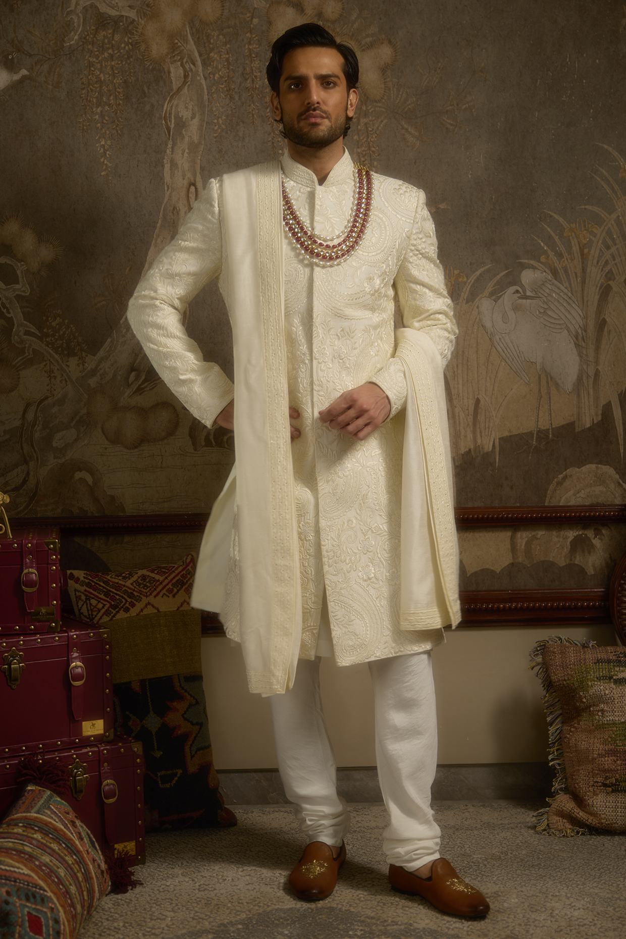 Monochrome Ivory Pure Silk Hand Embroidered Sherwani Set by Ankit V Kapoor