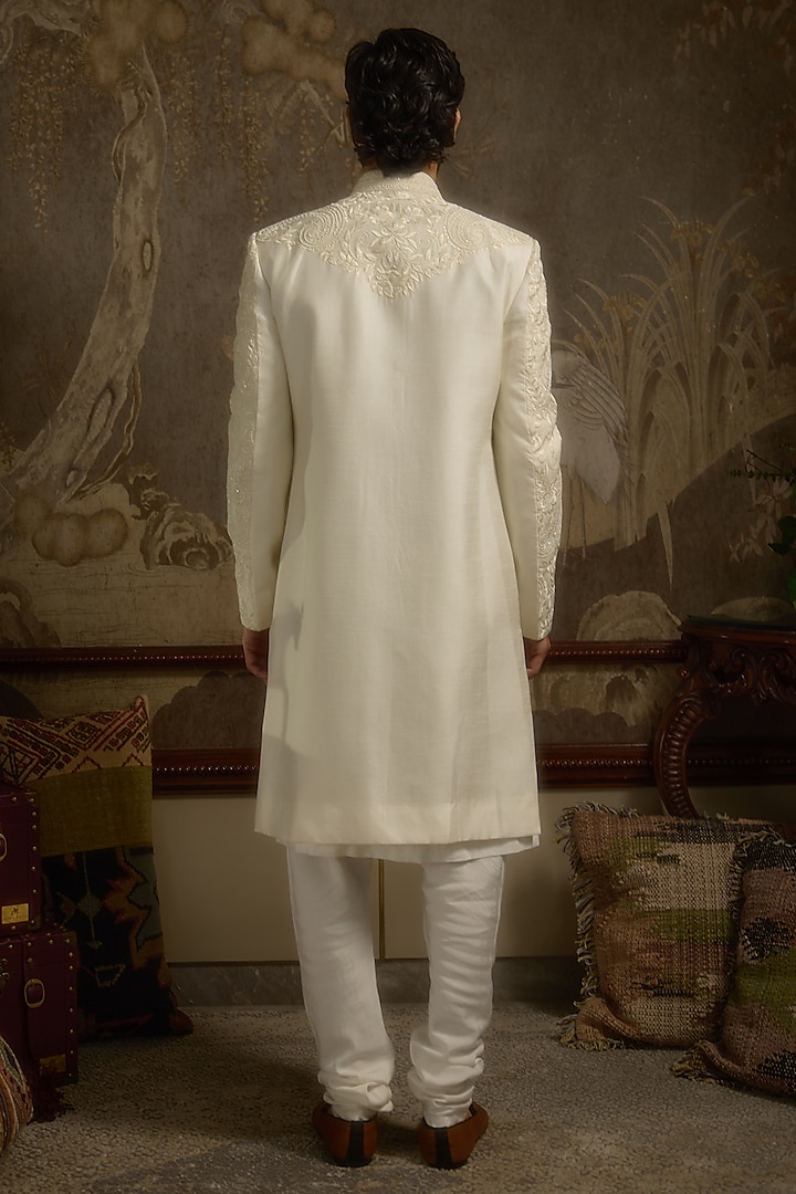 Monochrome Ivory Pure Silk Hand Embroidered Groom Sherwani Set by Ankit V Kapoor at Pernia's Pop Up Shop