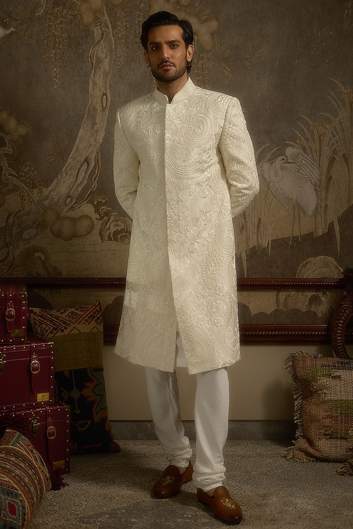 Monochrome Ivory Pure Silk Hand Embroidered Groom Sherwani Set by Ankit V Kapoor at Pernia's Pop Up Shop