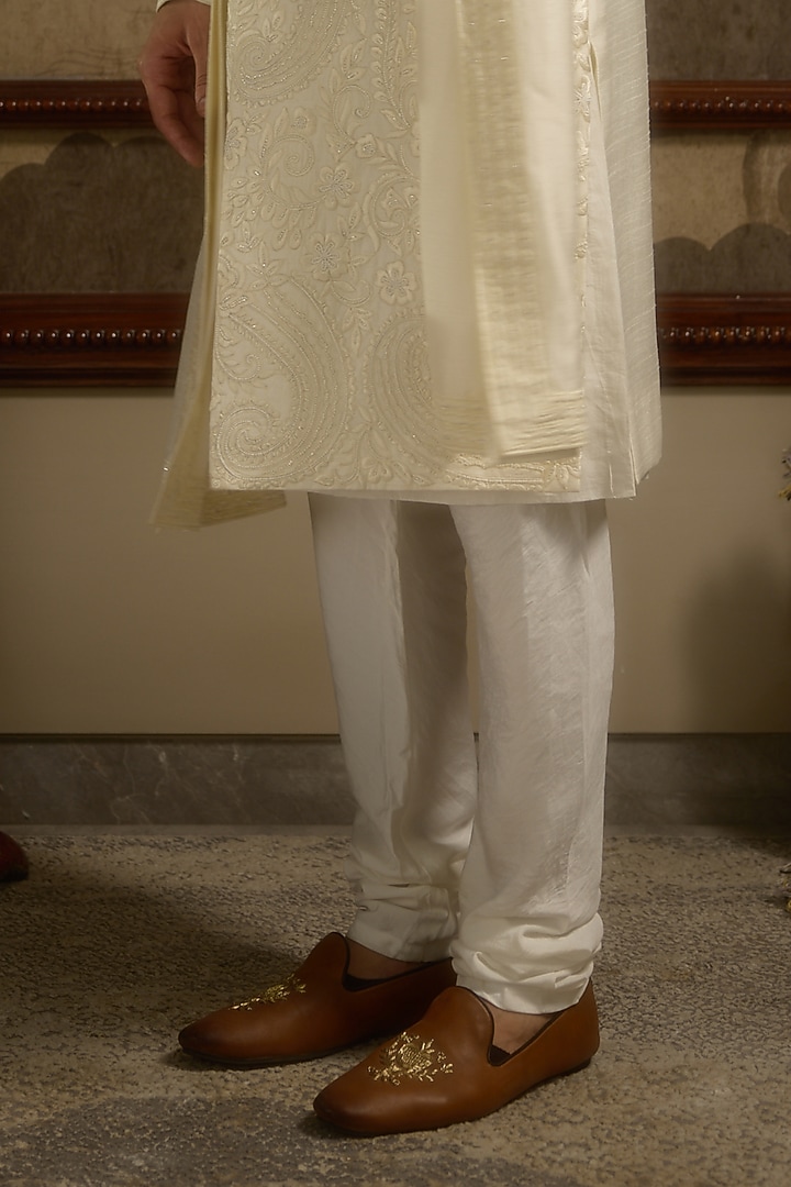 Monochrome Ivory Pure Silk Hand Embroidered Groom Sherwani Set by Ankit V Kapoor at Pernia's Pop Up Shop