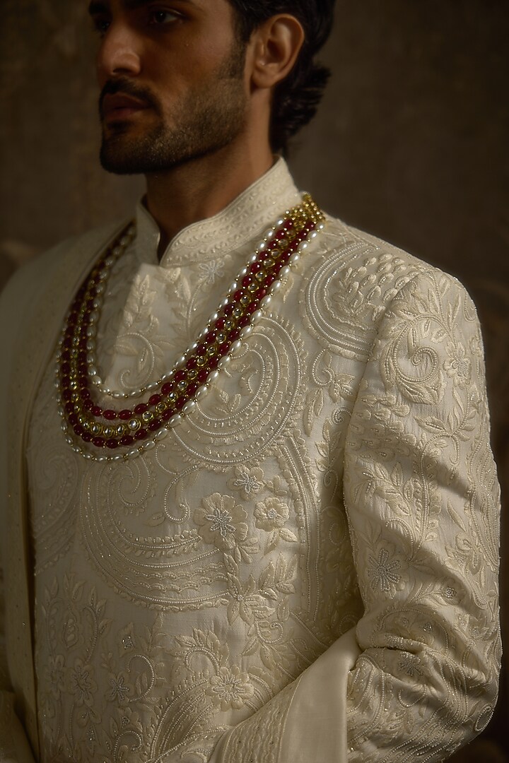 Monochrome Ivory Pure Silk Hand Embroidered Groom Sherwani Set by Ankit V Kapoor at Pernia's Pop Up Shop