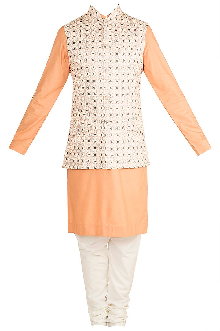Peach Kurta Set With Off White Printed Nehru Jacket by Ankit V Kapoor
