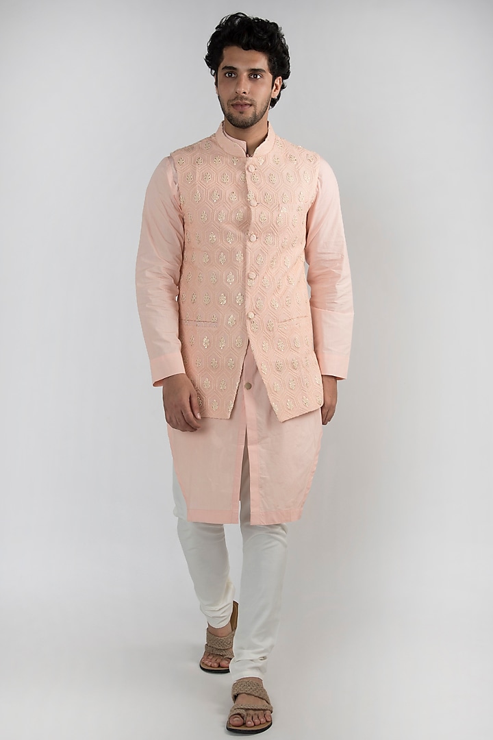 Peach Embroidered Kurta Set With Jacket by Ankit V Kapoor