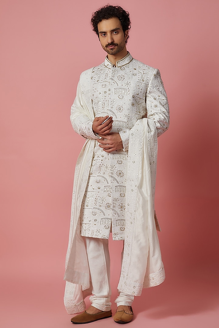 White Silk Blend Hand & Machine Embroidered Sherwani Set by Ankit V Kapoor