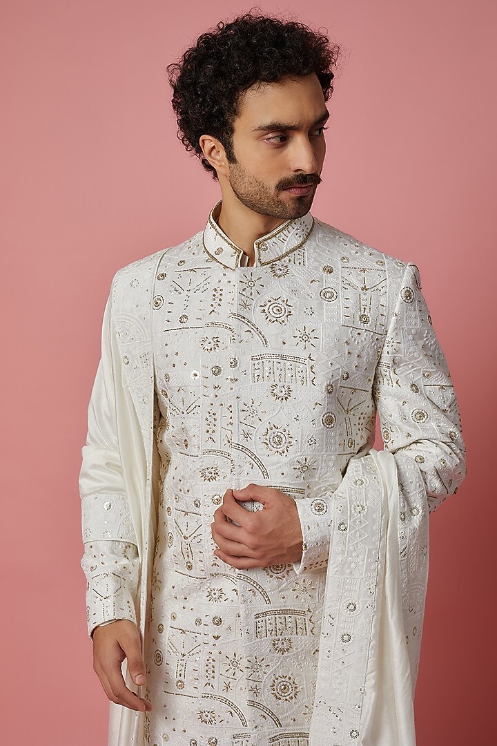 White Silk Blend Hand & Machine Embroidered Groom Sherwani Set by Ankit V Kapoor at Pernia's Pop Up Shop