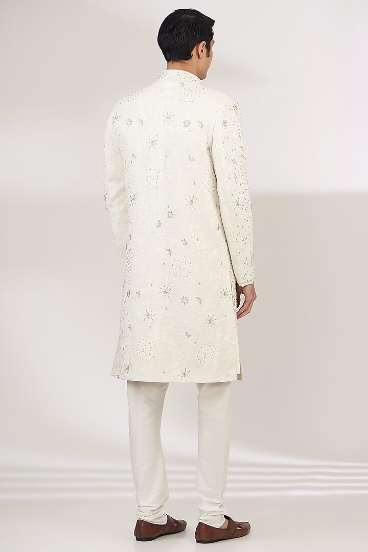 White Silk Blend Hand & Machine Embroidered Groom Sherwani Set by Ankit V Kapoor at Pernia's Pop Up Shop