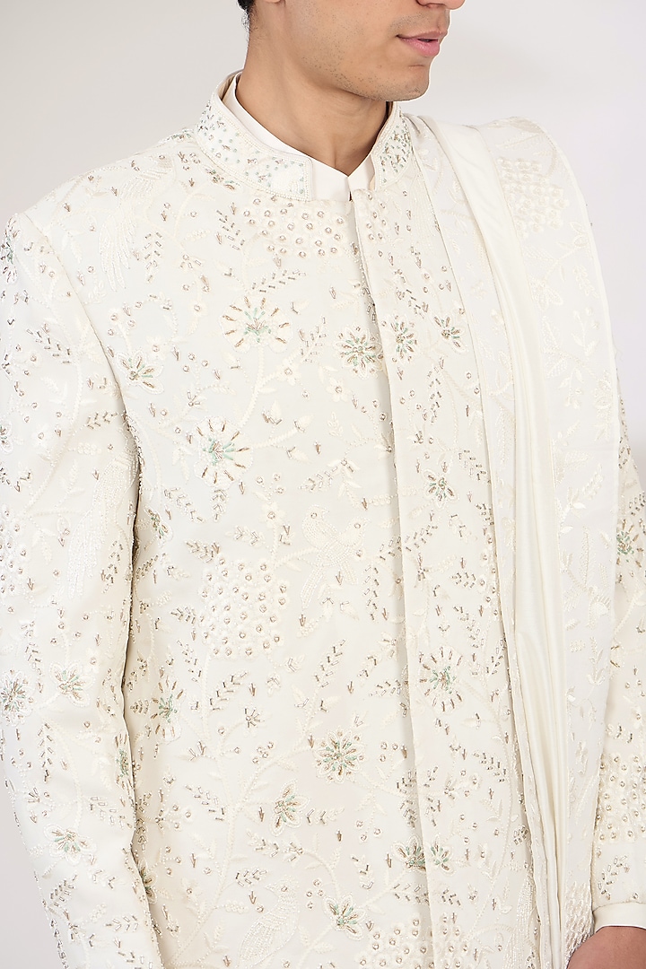 White Silk Blend Hand & Machine Embroidered Groom Sherwani Set by Ankit V Kapoor at Pernia's Pop Up Shop