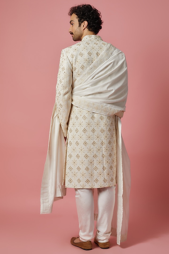 Off-White Silk Blend Hand & Machine Embroidered Groom Sherwani Set by Ankit V Kapoor at Pernia's Pop Up Shop