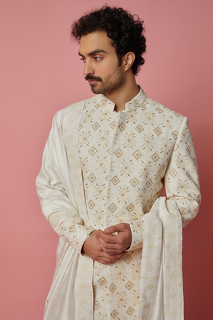 Off-White Silk Blend Hand & Machine Embroidered Groom Sherwani Set by Ankit V Kapoor at Pernia's Pop Up Shop