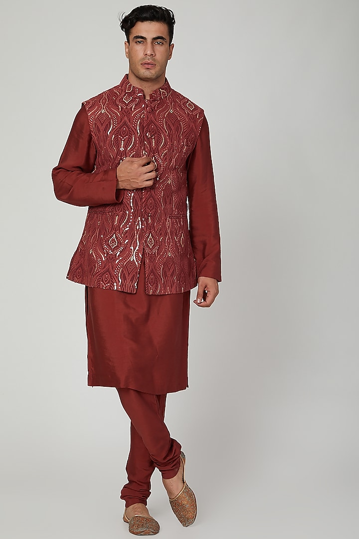 Maroon Embroidered Lucknowi Nehru Jacket by Ankit V Kapoor