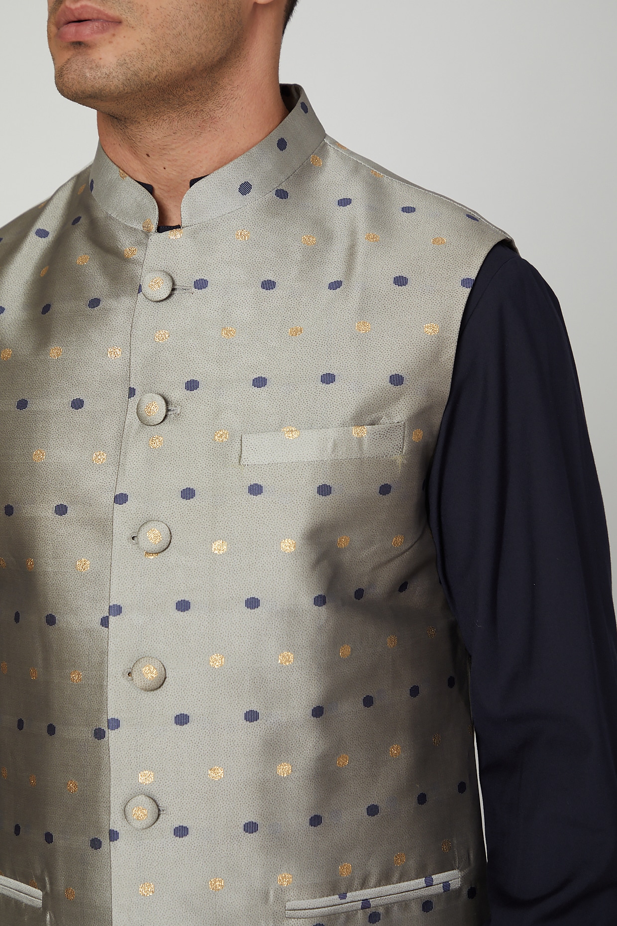 Bluish-Silver Embroidered Nehru Jacket With Kurta Set Design by Contrast By  Parth at Pernia's Pop Up Shop 2024