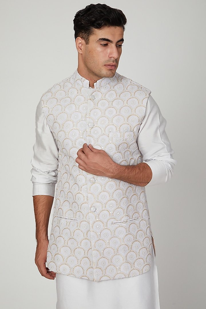 Grey Embroidered Nehru Jacket by Ankit V Kapoor at Pernia's Pop Up Shop