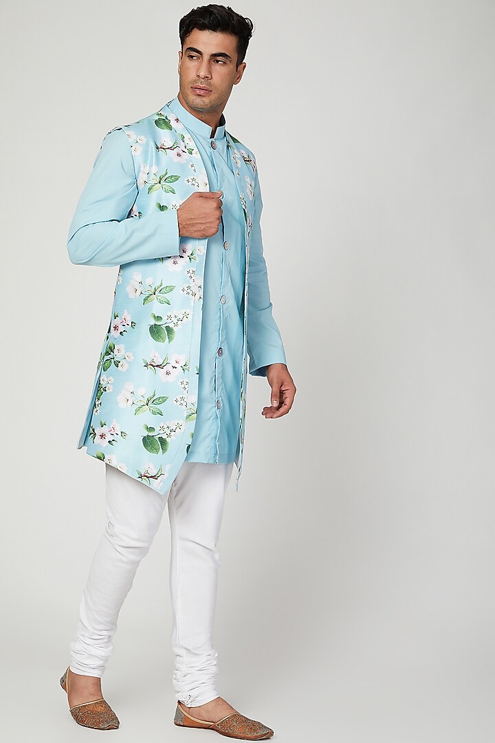 Sky Blue Floral Printed Nehru Jacket With Kurta Set by Ankit V Kapoor