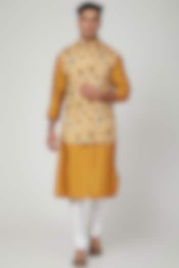 Mustard Cotton Rayon Nehru Jacket by Ankit V Kapoor