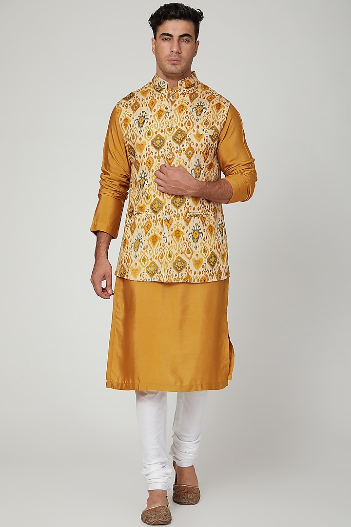 Mustard Cotton Rayon Nehru Jacket by Ankit V Kapoor