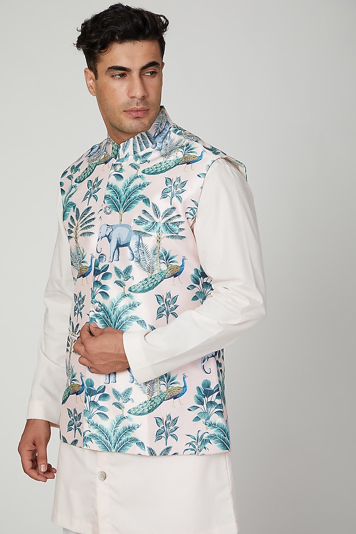 Blush Pink Printed Nehru Jacket by Ankit V Kapoor at Pernia's Pop Up Shop