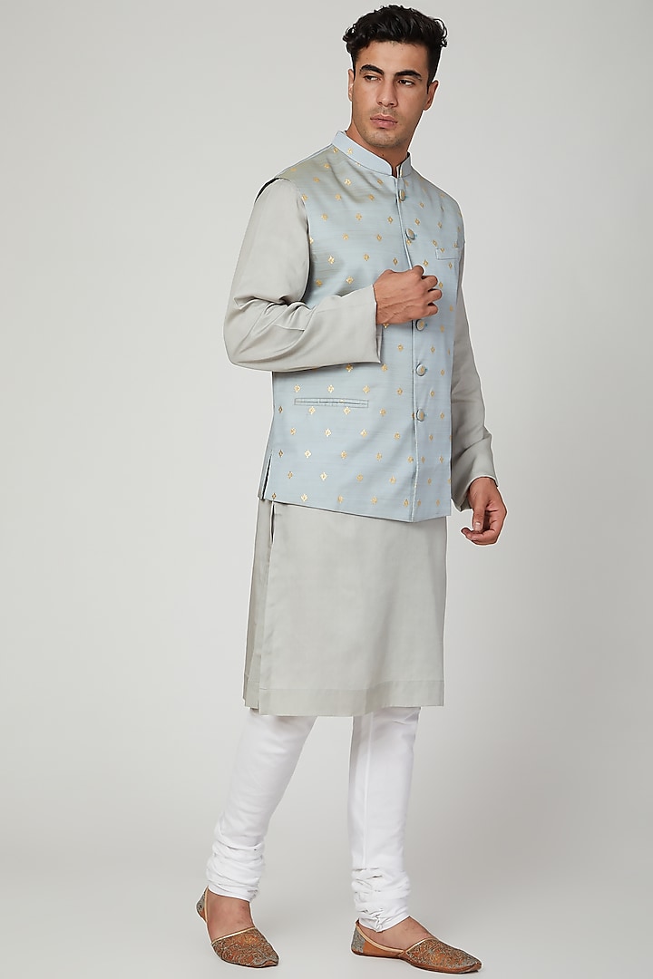 Sky Blue Printed Nehru Jacket by Ankit V Kapoor