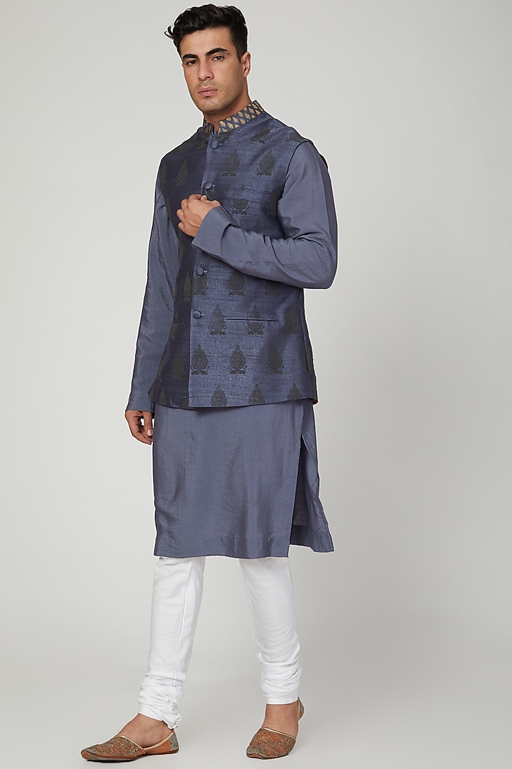 Cobalt Blue Printed Jacket Set by Ankit V Kapoor