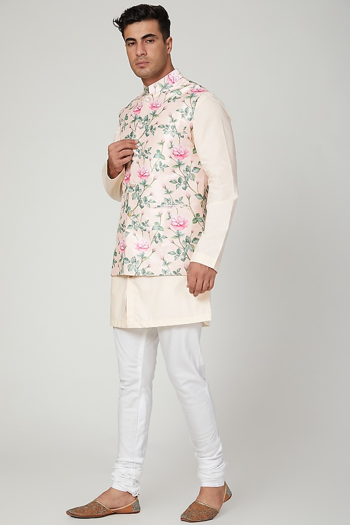Blush Pink Floral Printed Nehru Jacket by Ankit V Kapoor