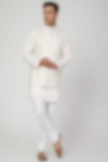 White Polka Dots Printed Bundi Jacket by Ankit V Kapoor