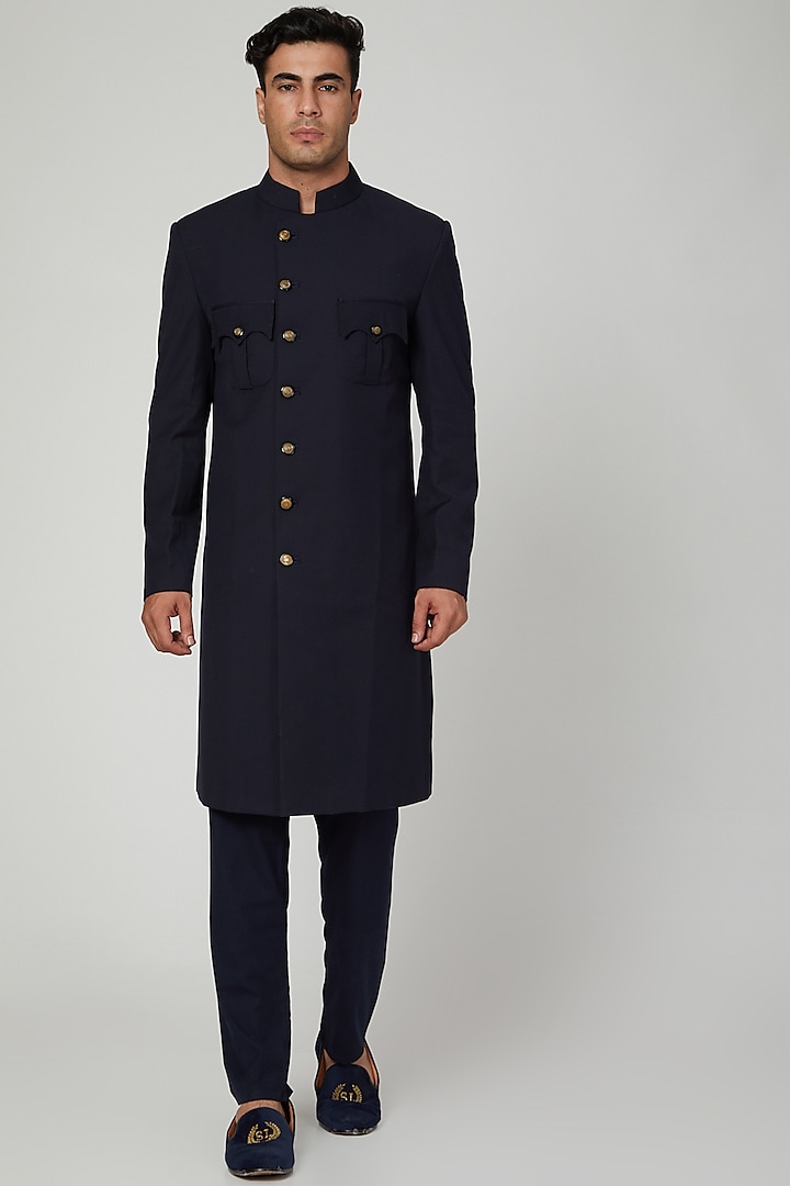 Navy Blue Suiting Sherwani by Ankit V Kapoor