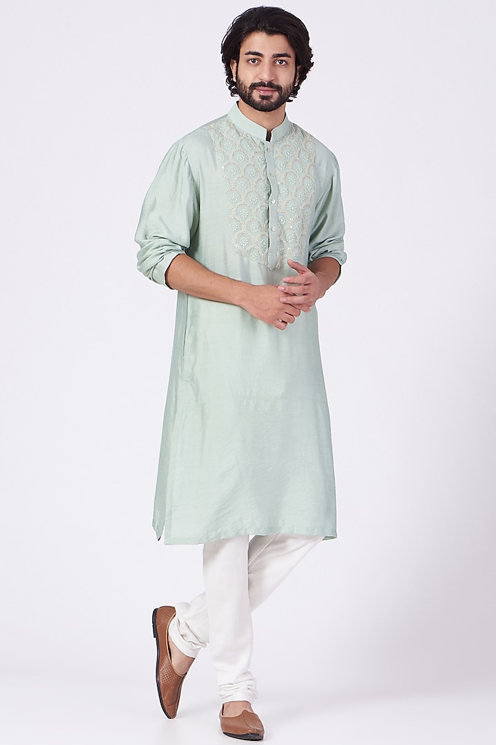 Mint Blue Chikankari Embroidered Kurta Set  by Ankit V Kapoor