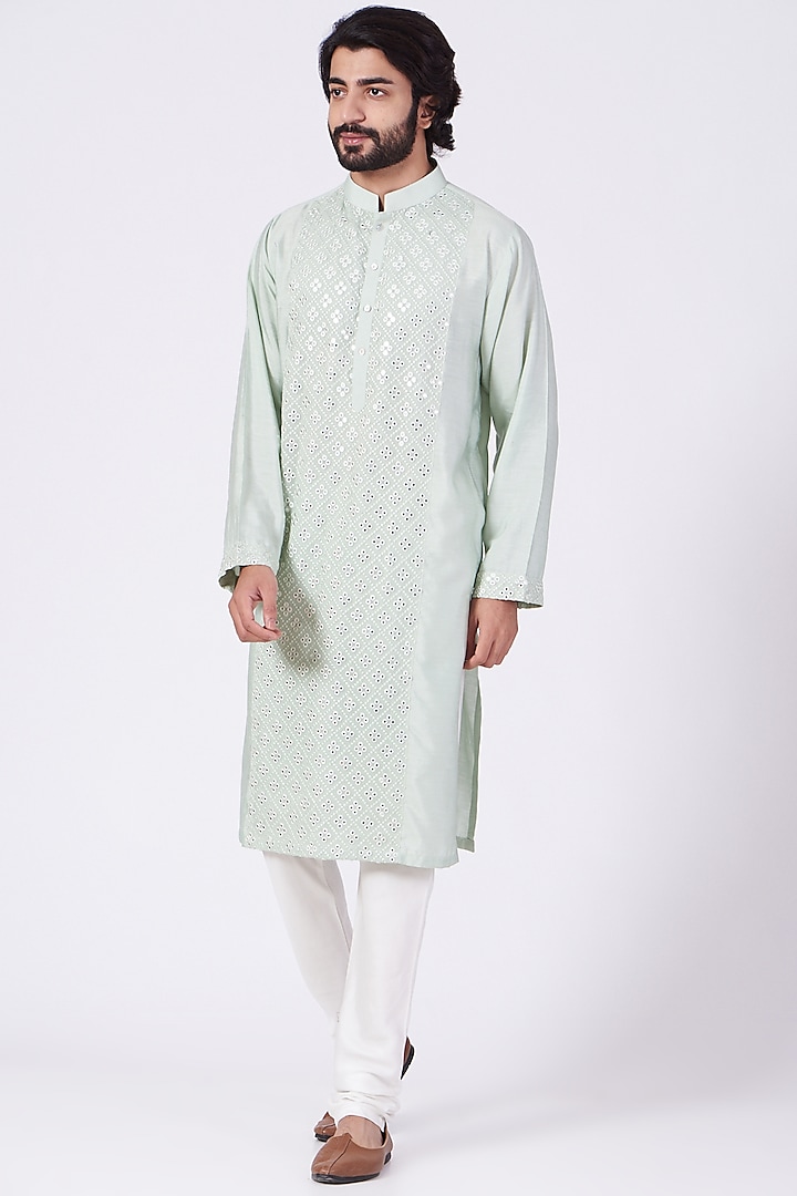 Mint Green Mirror Embroidered Kurta Set by Ankit V Kapoor