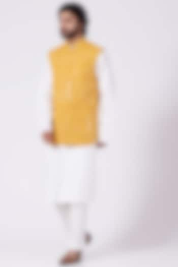 Mustard Georgette Chikankari & Thread Embroidered Nehru Jacket by Ankit V Kapoor