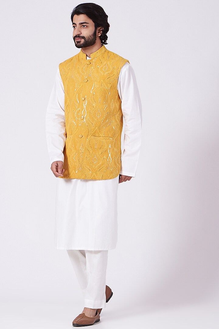 Mustard Chikankari Embroidered Nehru Jacket by Ankit V Kapoor