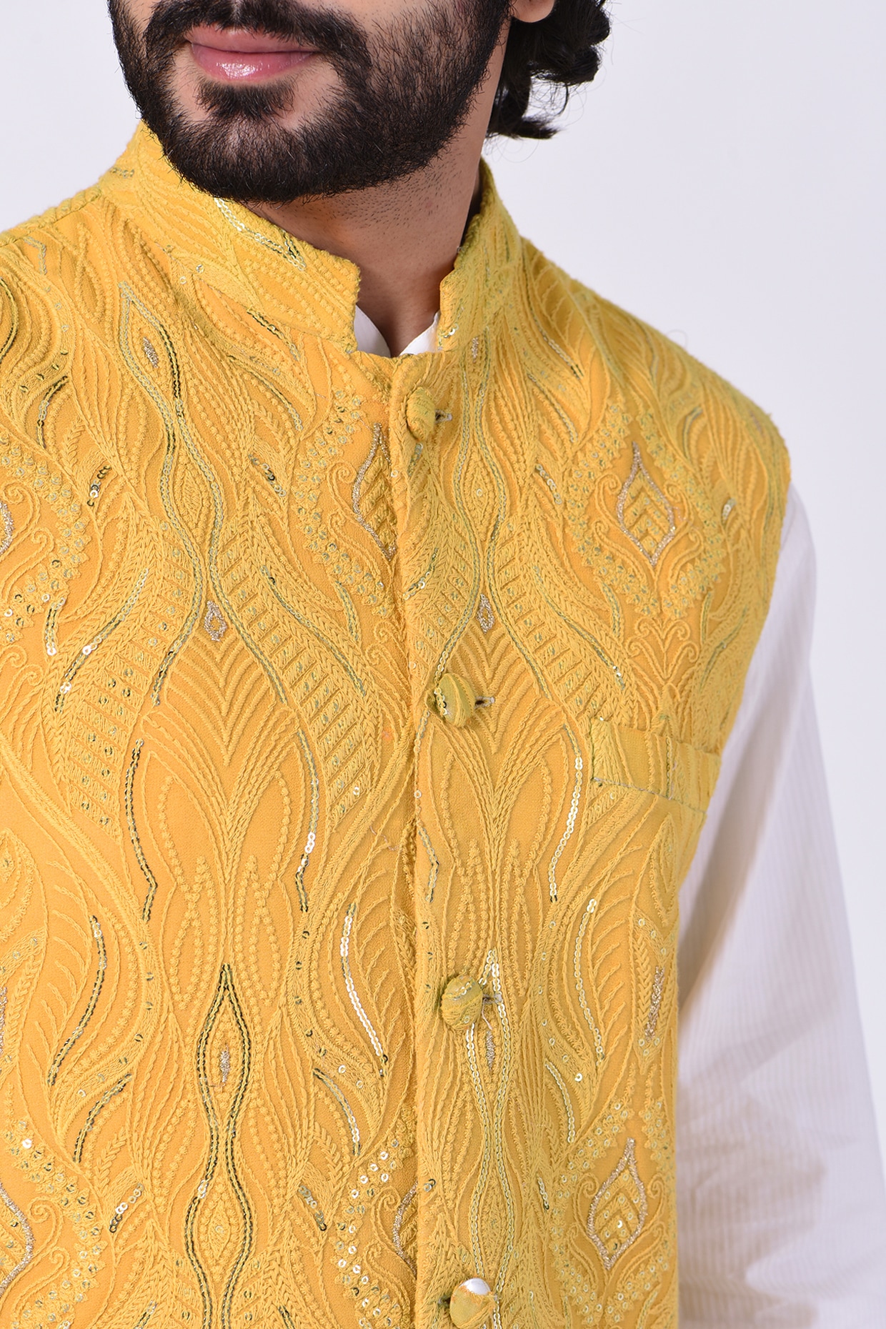 Mustard Chikankari Embroidered Nehru 