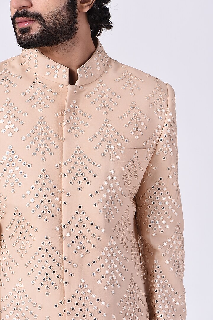 Peach Mirror Embroidered Wedding Sherwani Set by Ankit V Kapoor at Pernia's Pop Up Shop