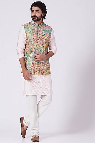 Peach Silk Pashmina Nehru Jacket Set by Ankit V Kapoor