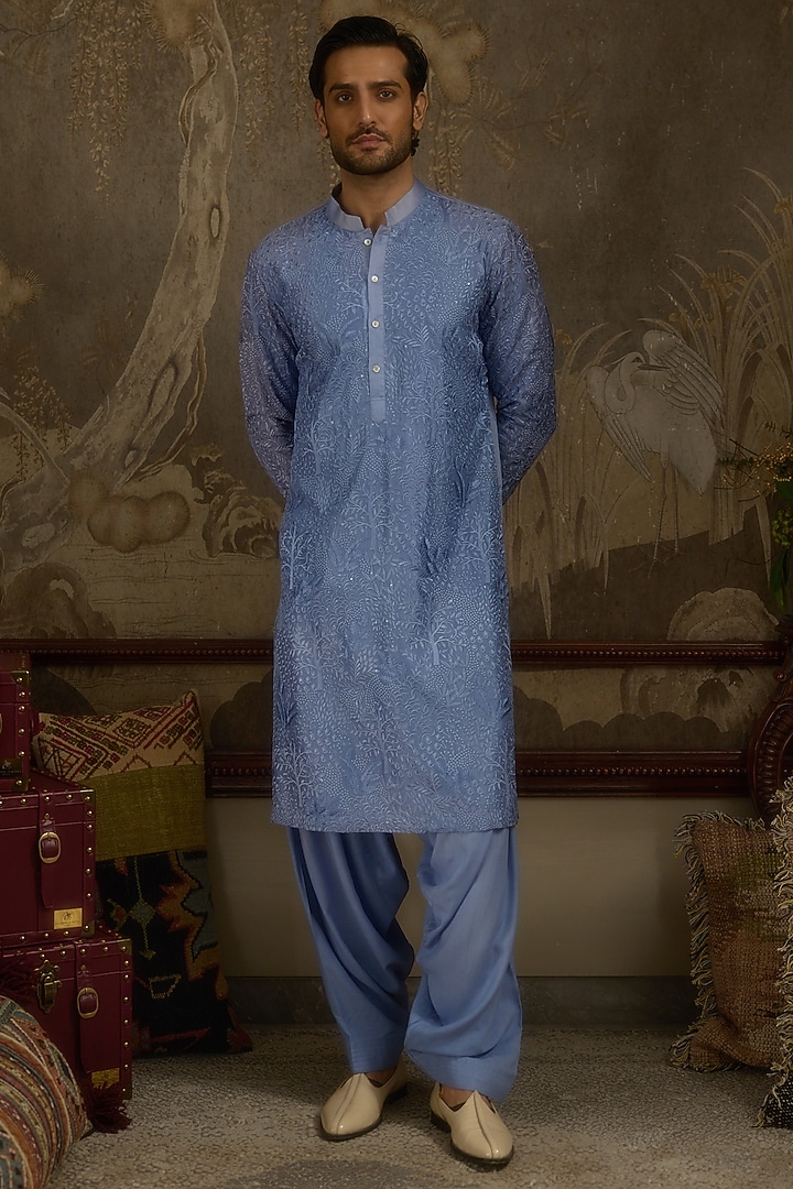 Sky Blue Georgette Machine Embroidered Kurta Set by Ankit V Kapoor at Pernia's Pop Up Shop