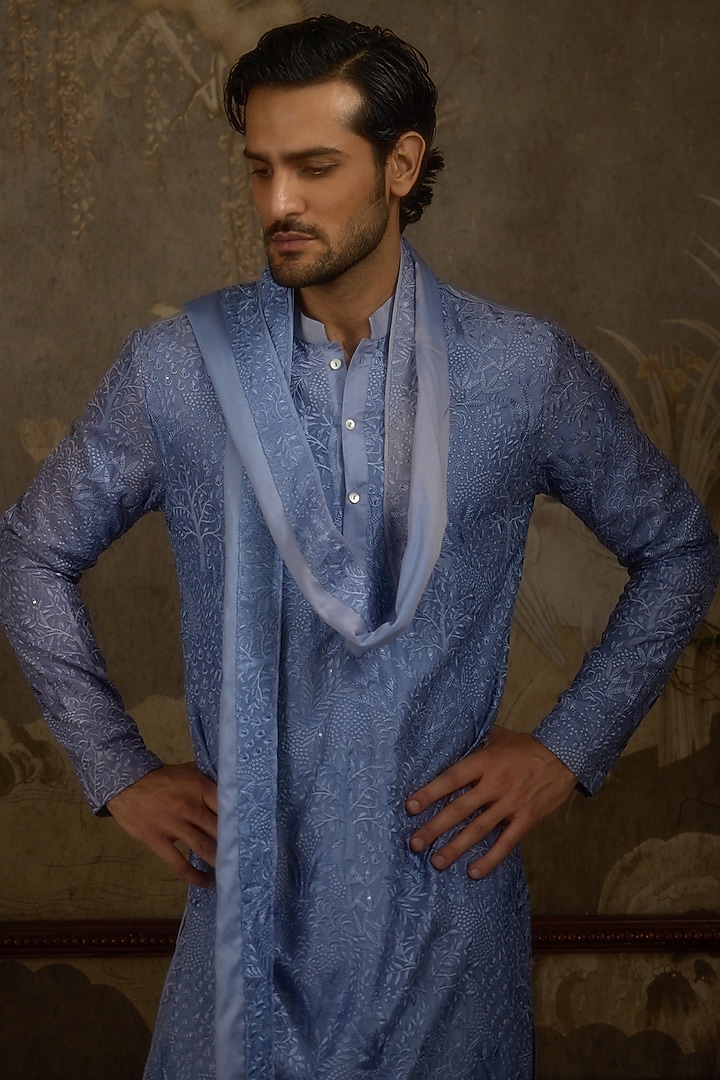Sky Blue Georgette Machine Embroidered Kurta Set by Ankit V Kapoor at Pernia's Pop Up Shop