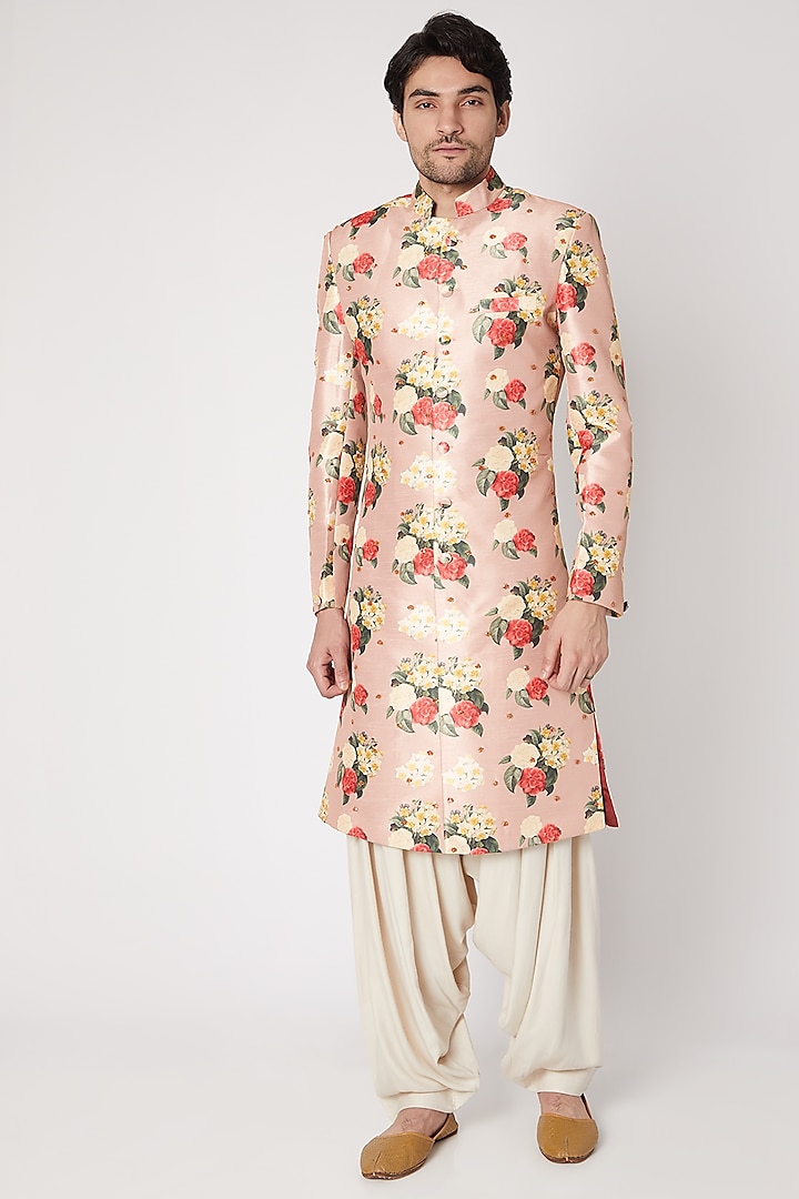 Dusty Rose Pink Printed & Embroidered Sherwani Set by Ankit V Kapoor