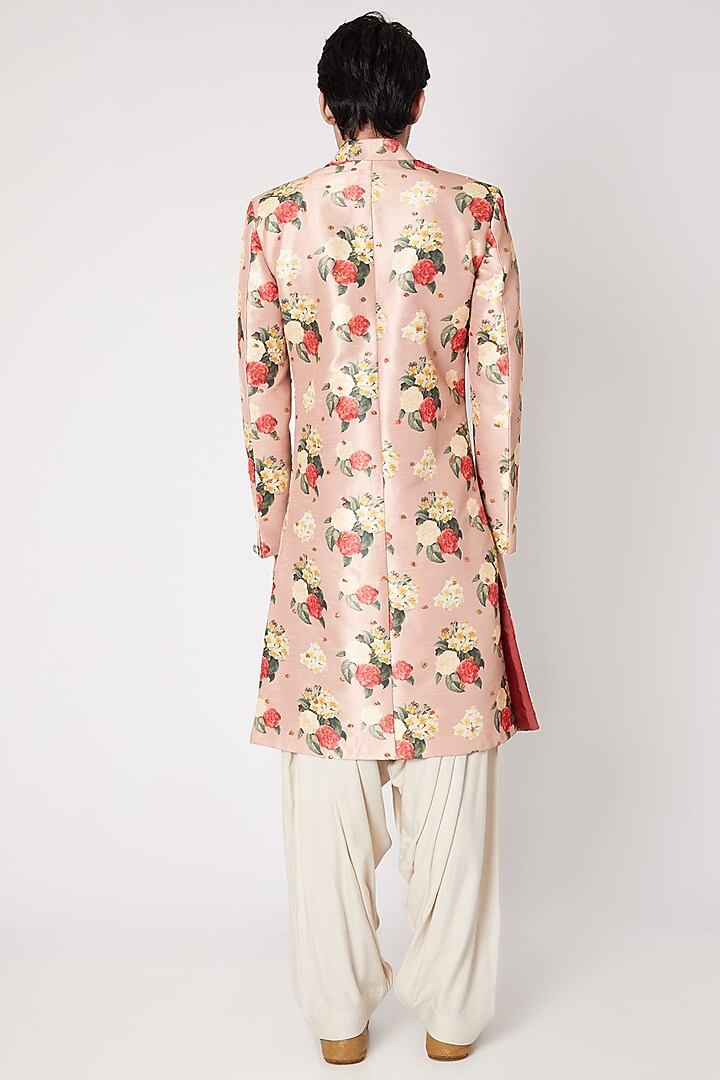 Dusty Rose Pink Printed & Embroidered Wedding Sherwani Set by Ankit V Kapoor at Pernia's Pop Up Shop