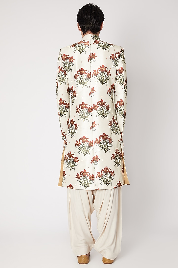 Beige Digital Print & Embroidered Wedding Sherwani Set by Ankit V Kapoor at Pernia's Pop Up Shop