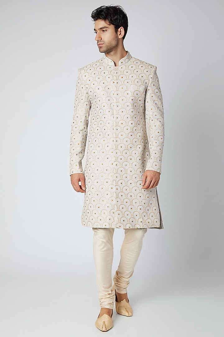 Ice Grey Embroidered Lucknowi Sherwani by Ankit V Kapoor