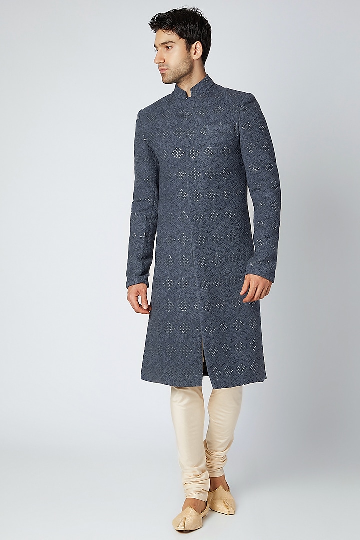 Slate Blue Silk Cotton Embroidered Lucknowi Sherwani Set by Ankit V Kapoor