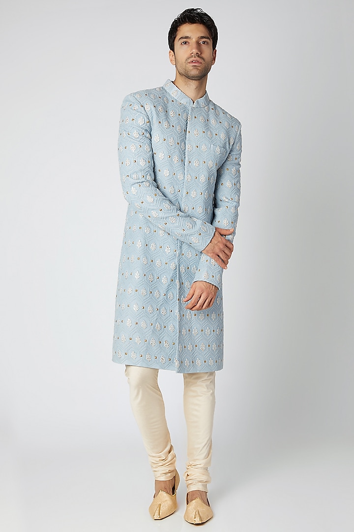 Powder Blue Printed & Embroidered Lucknowi Sherwani by Ankit V Kapoor