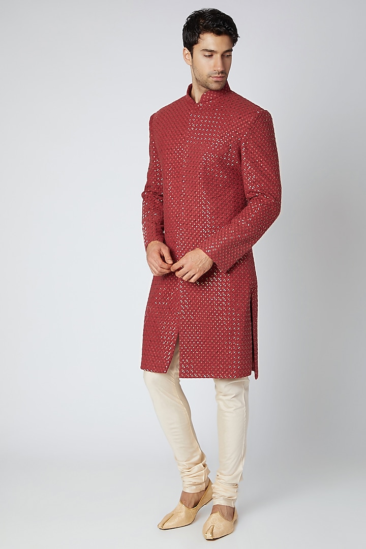 Maroon Printed & Embroidered Lucknowi Sherwani by Ankit V Kapoor