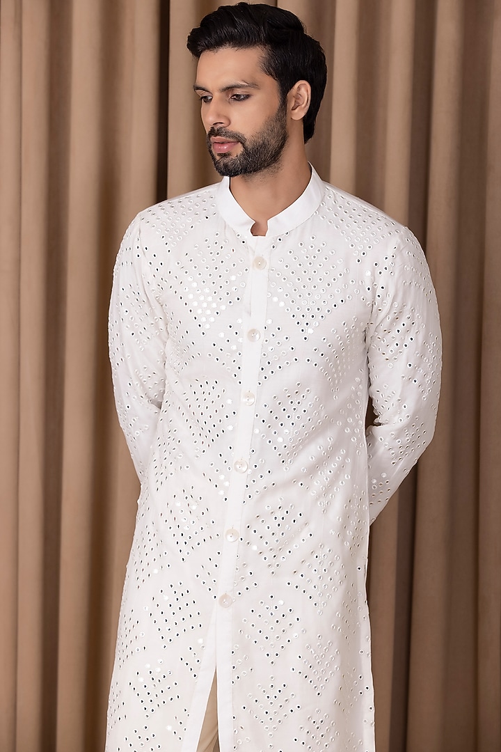 Ivory Cotton Silk & Georgette Mirror Machine Embroidered Kurta Set by Ankit V Kapoor at Pernia's Pop Up Shop