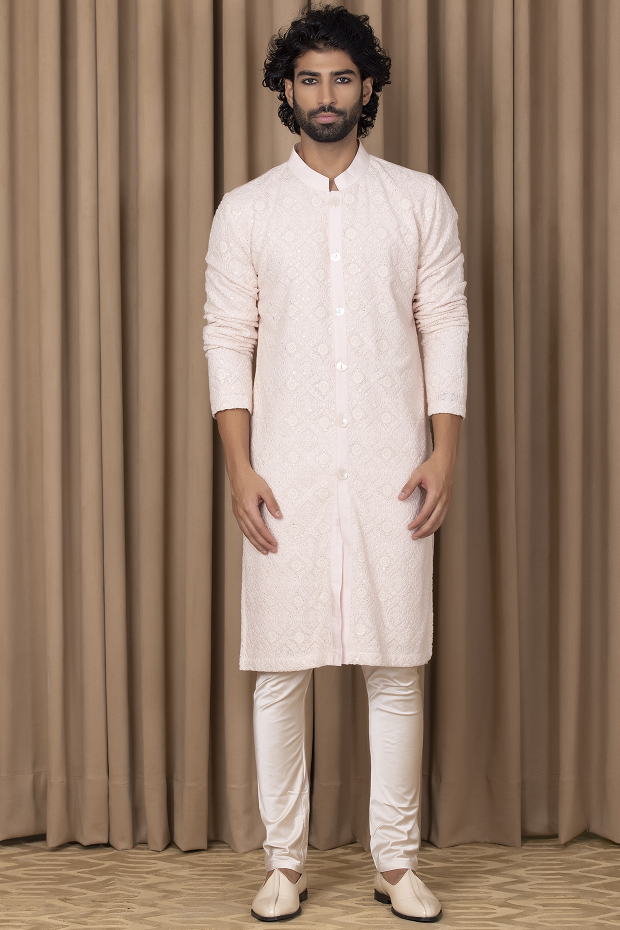 Powder Pink Embroidered Kurta Set by Ankit V Kapoor