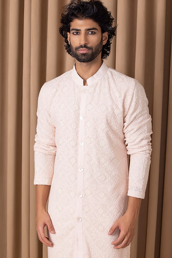 Powder Pink Embroidered Kurta Set by Ankit V Kapoor at Pernia's Pop Up Shop