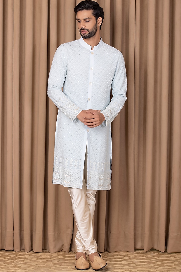 Powder Blue Embroidered Kurta Set by Ankit V Kapoor at Pernia's Pop Up Shop
