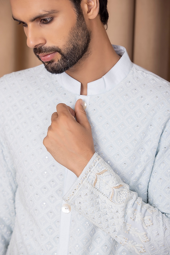 Powder Blue Embroidered Kurta Set by Ankit V Kapoor at Pernia's Pop Up Shop
