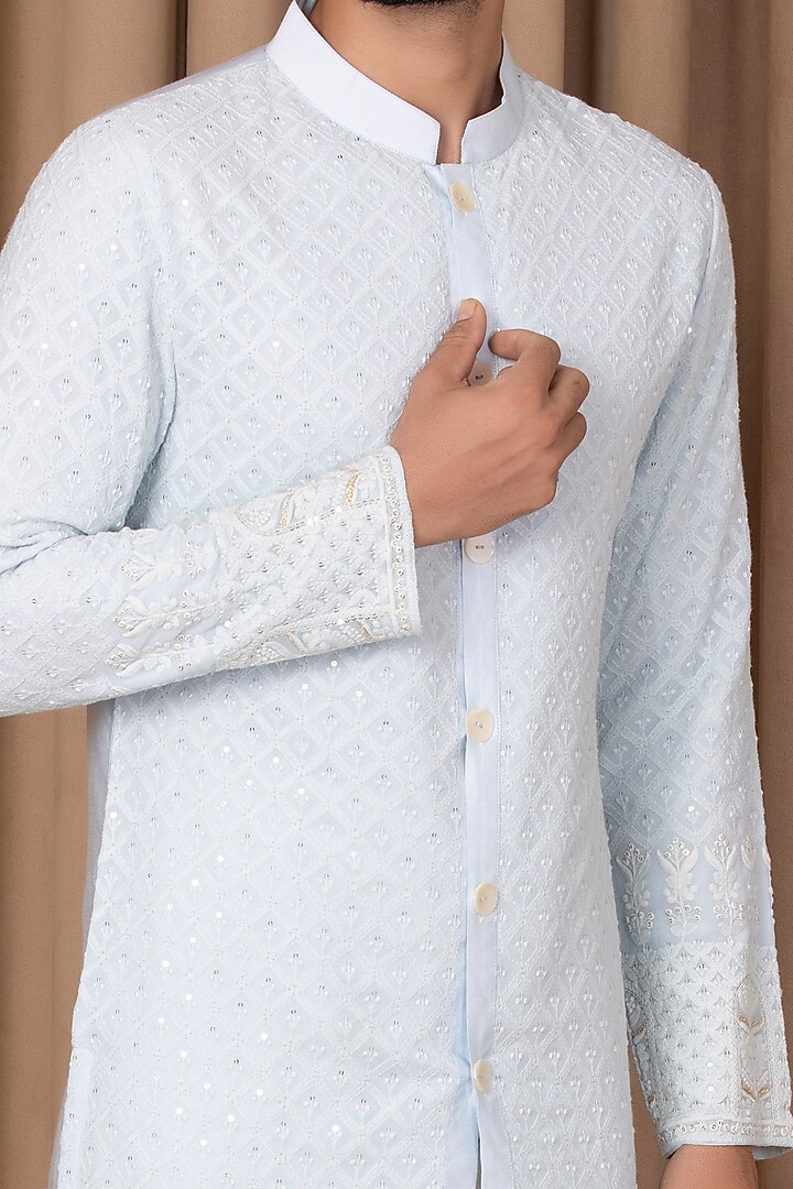 Powder Blue Embroidered Kurta Set by Ankit V Kapoor at Pernia's Pop Up Shop