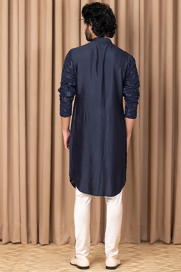 Navy Blue Cotton Silk & Georgette Thread Machine Embroidered Kurta Set by Ankit V Kapoor at Pernia's Pop Up Shop